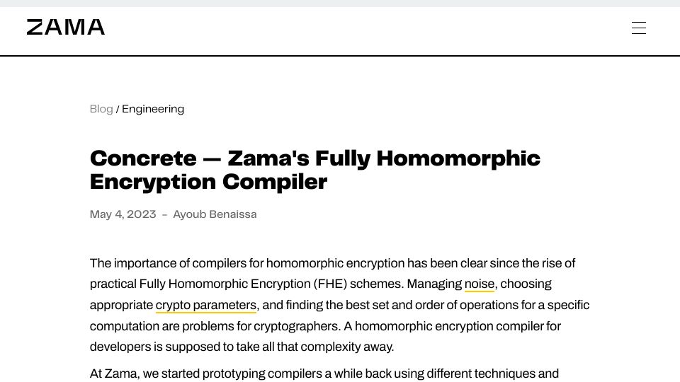 Screenshot of zama.ai: Concrete: A fully homomorphic encryption compiler
