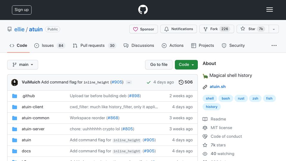 Screenshot of github.com: Atuin replaces your existing shell history with a SQLite database