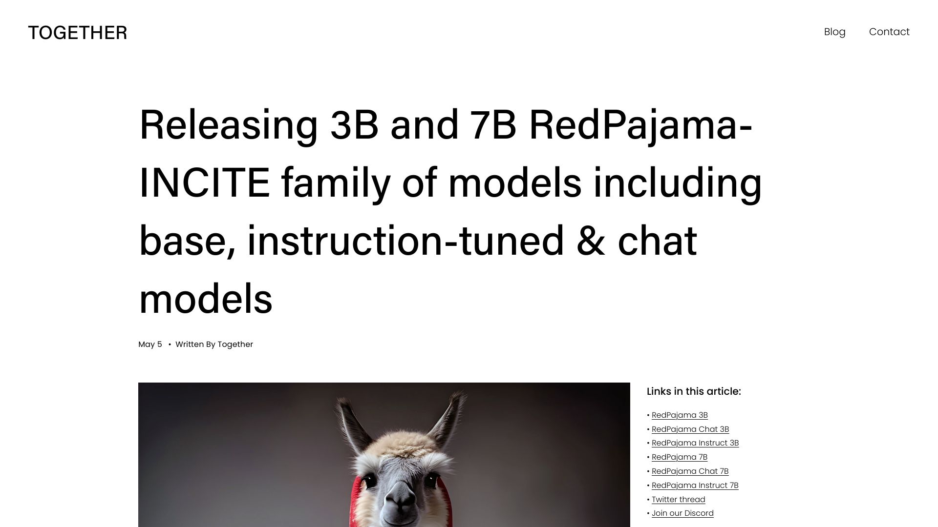 Screenshot of together.xyz: Releasing 3B and 7B RedPajama