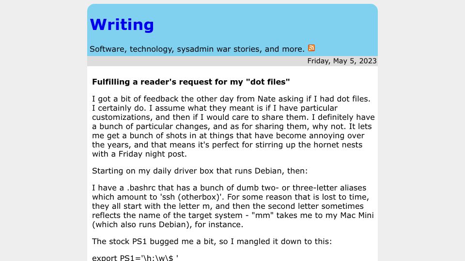 Screenshot of rachelbythebay.com: Fulfilling a reader's request for my “dot files”