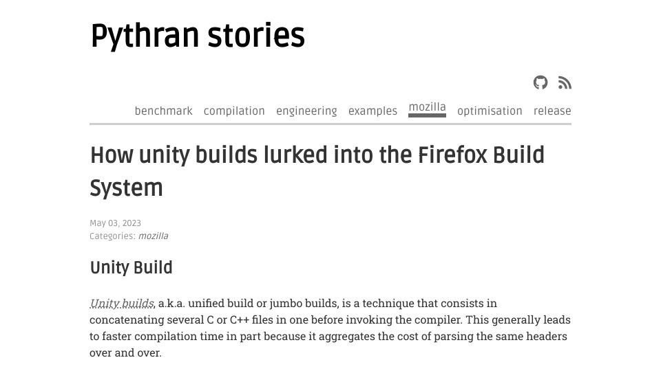Screenshot of serge-sans-paille.github.io: Unity builds lurked into the Firefox Build System