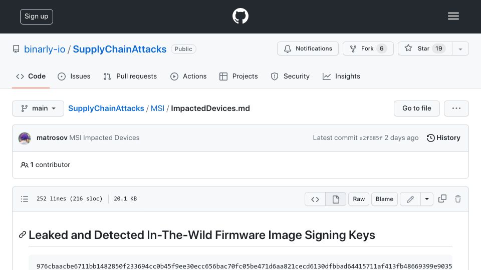Screenshot of github.com: MSI firmware signing keys leaked