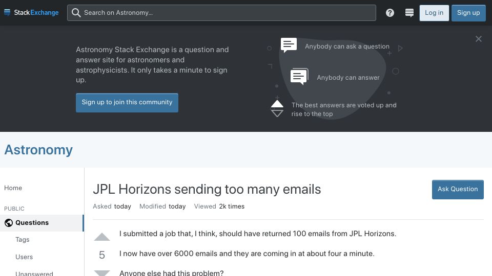 Screenshot of astronomy.stackexchange.com: JPL Horizons Sending Too Many Emails