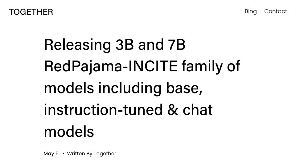 Screenshot of together.xyz: Releasing 3B and 7B RedPajama