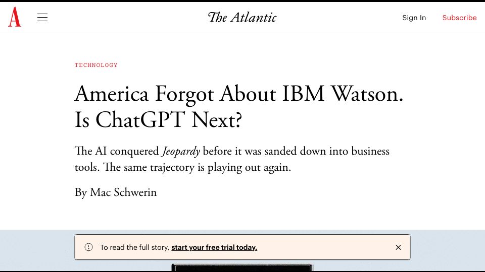 Screenshot of theatlantic.com: America Forgot About IBM Watson. Is ChatGPT Next?