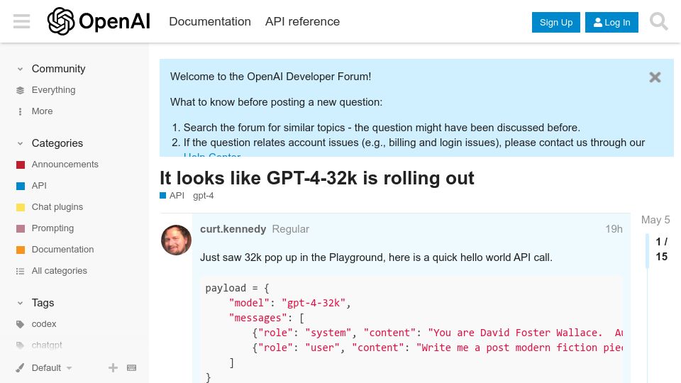 Screenshot of community.openai.com: It looks like GPT-4-32k is rolling out