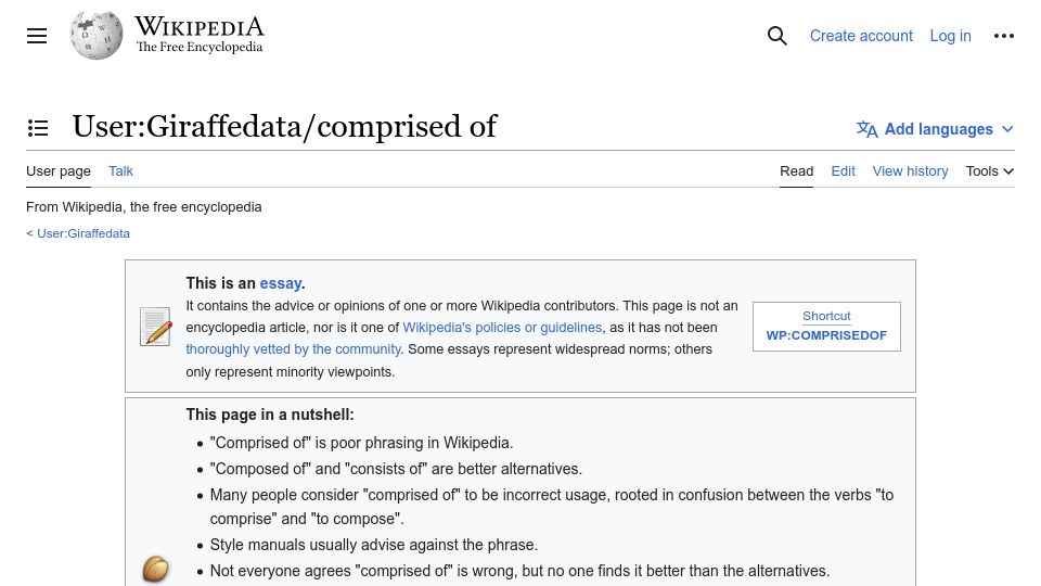 Screenshot of en.wikipedia.org: Wikipedia user edits over 90k uses of “comprised of”