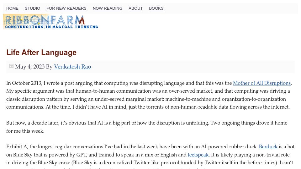 Screenshot of ribbonfarm.com: Life After Language