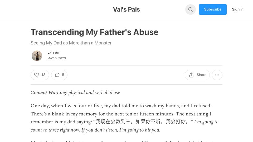 Screenshot of valspals.substack.com: Transcending My Father's Abuse