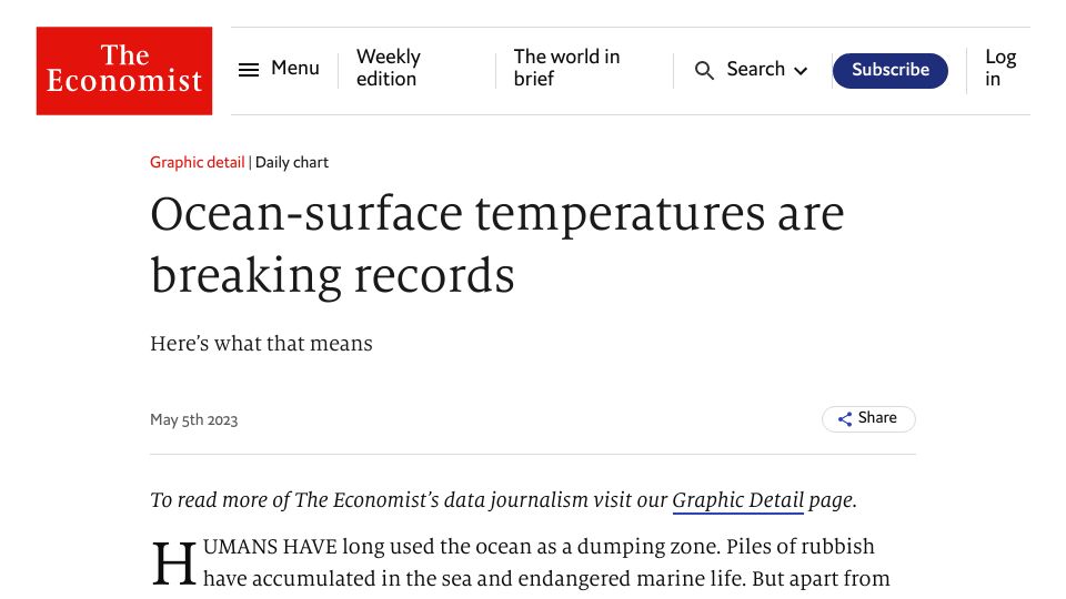 Screenshot of economist.com: Ocean-surface temperatures are breaking records