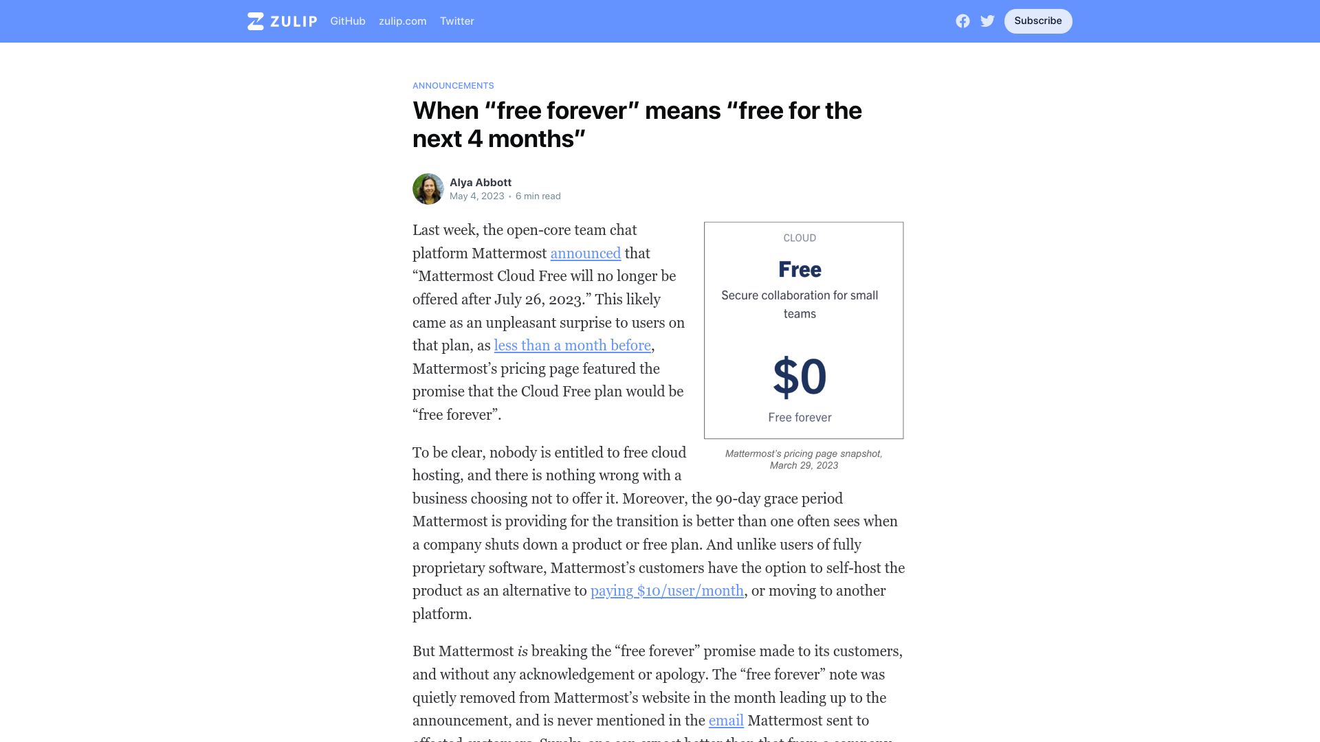 Screenshot of blog.zulip.com: When “free forever” means “free for the next 4 months”