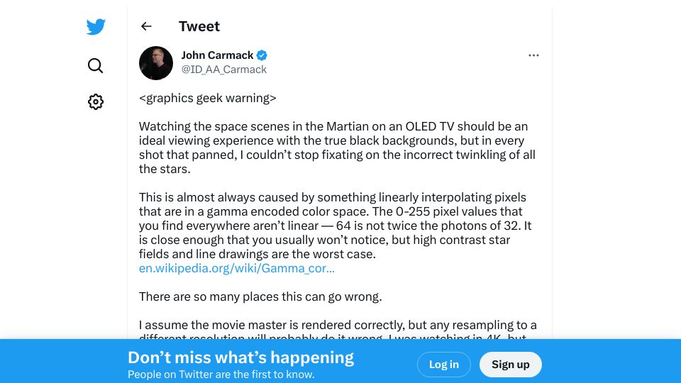Screenshot of twitter.com: Linearly interpolating pixels that are in a gamma encoded color space
