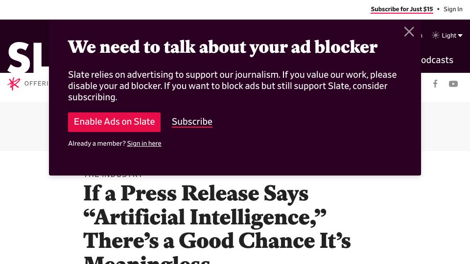 Screenshot of slate.com: If a PR Says “Artificial Intelligence,” There’s a Good Chance It’s Meaningless