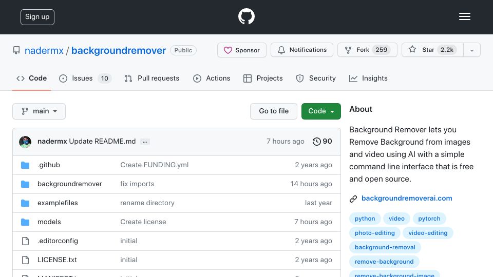 Screenshot of github.com: Open source Background Remover: Remove Background from images and video using AI