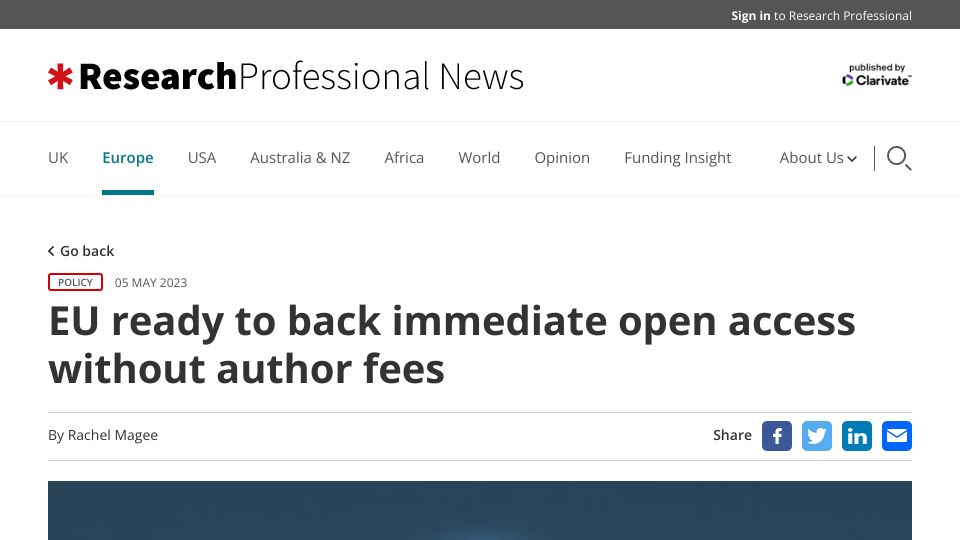 Screenshot of researchprofessionalnews.com: EU ready to back immediate open access without author fees