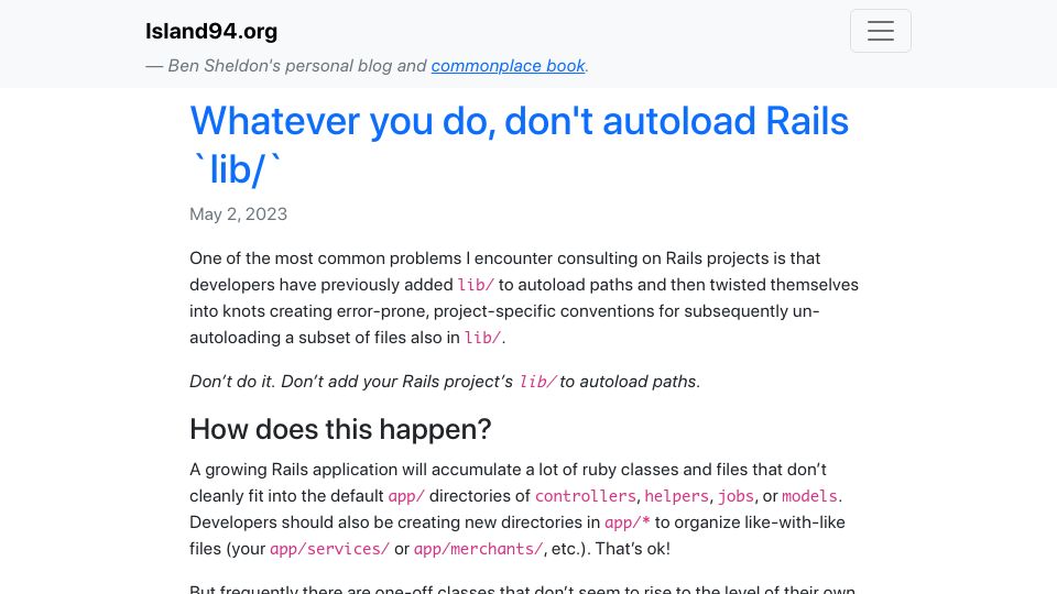 Screenshot of island94.org: Whatever you do, don't autoload Rails `lib/`