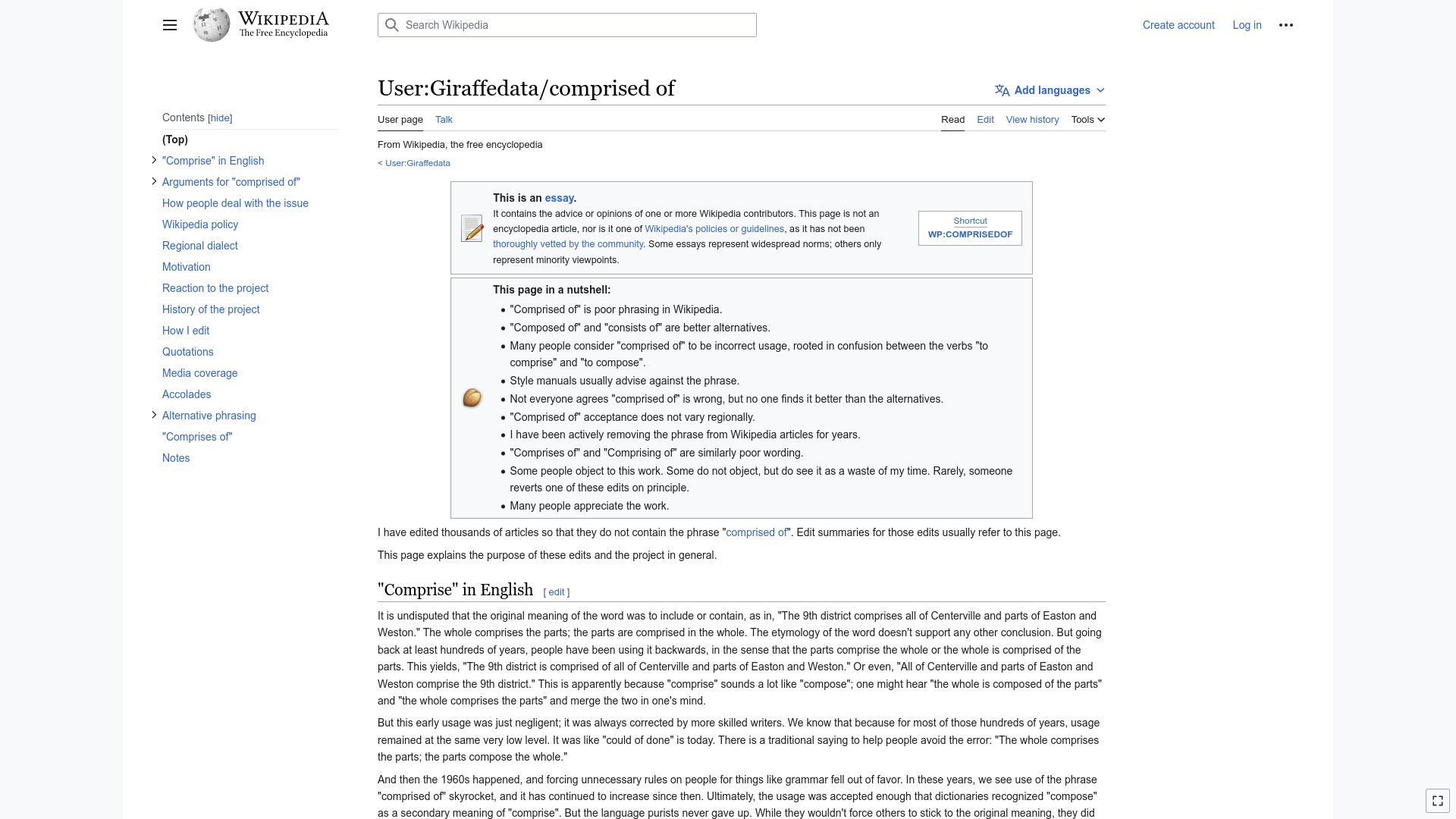 Screenshot of en.wikipedia.org: Wikipedia user edits over 90k uses of “comprised of”