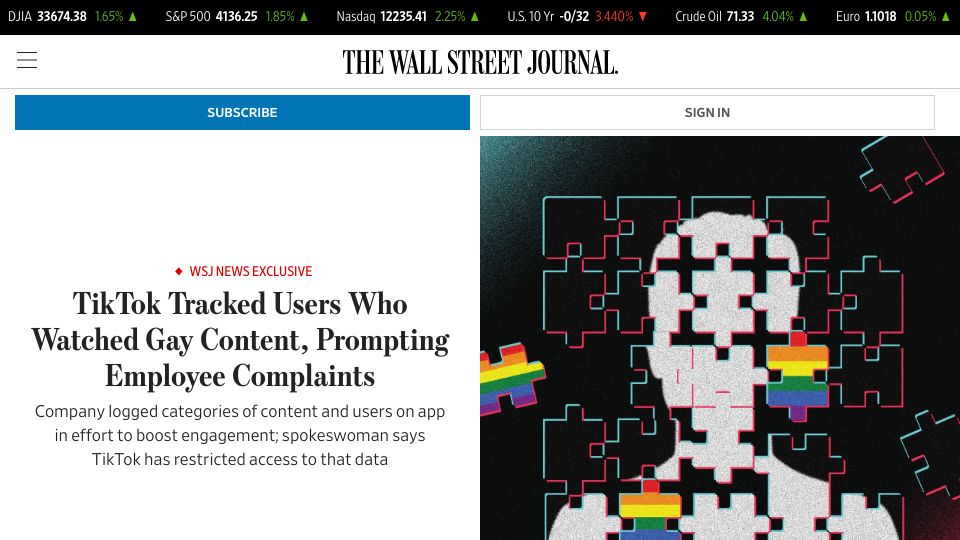 Screenshot of wsj.com: TikTok tracked users who watched gay content, prompting employee complaints