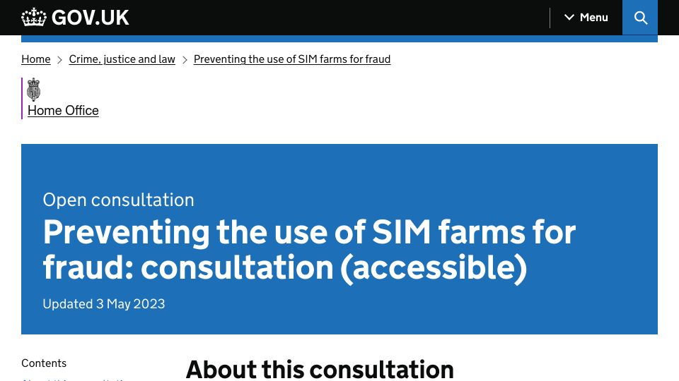 Screenshot of gov.uk: Preventing the use of SIM farms for fraud: consultation