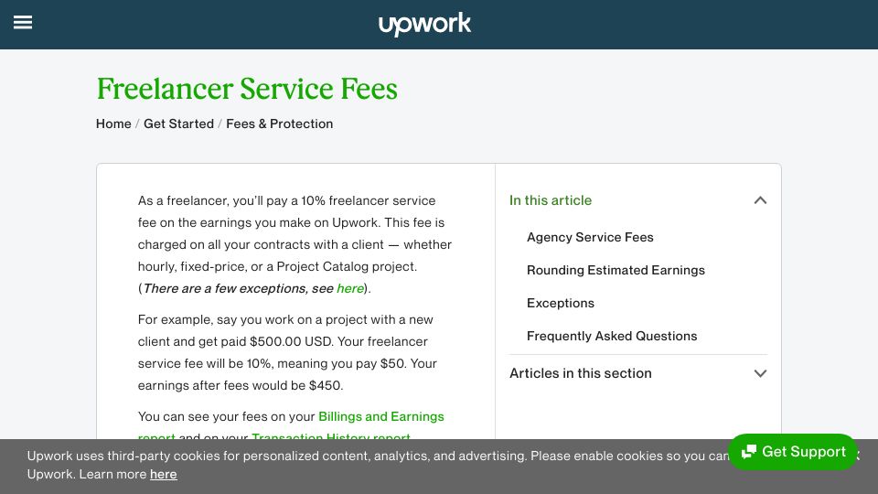 Screenshot of support.upwork.com: Upwork removing 5% commission bracket and moving everyone to 10% bracket