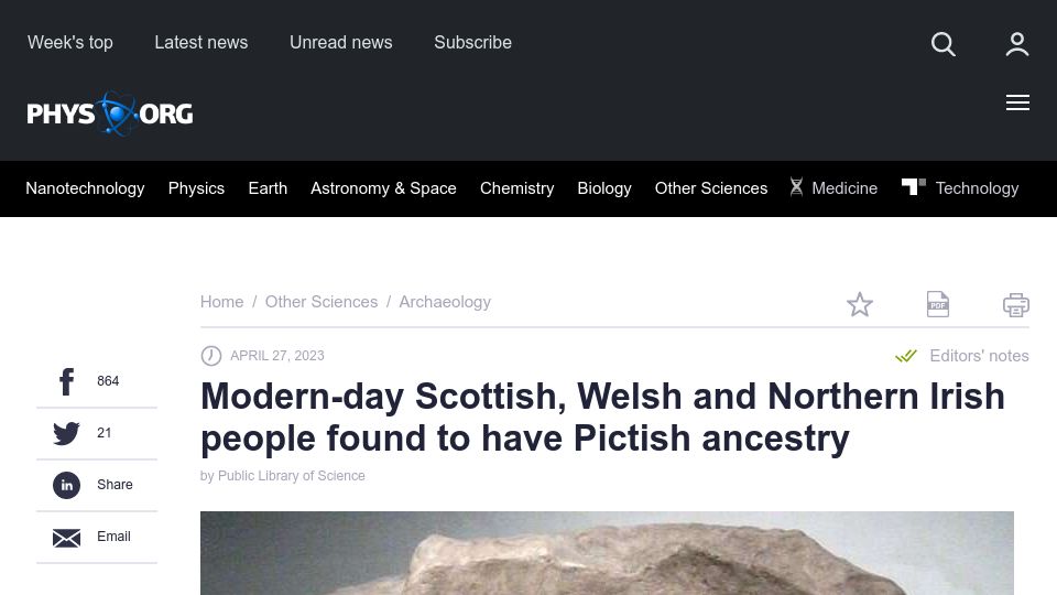 Screenshot of phys.org: Modern Scottish, Welsh and Northern Irish people found to have Pictish ancestry