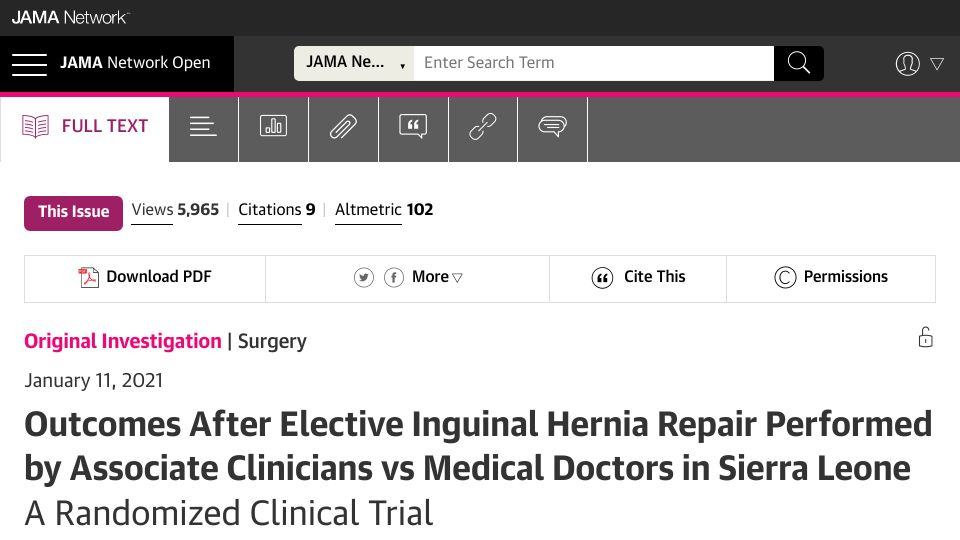 Screenshot of jamanetwork.com: Outcomes after surgery performed by associate clinicians vs doctors (2021)