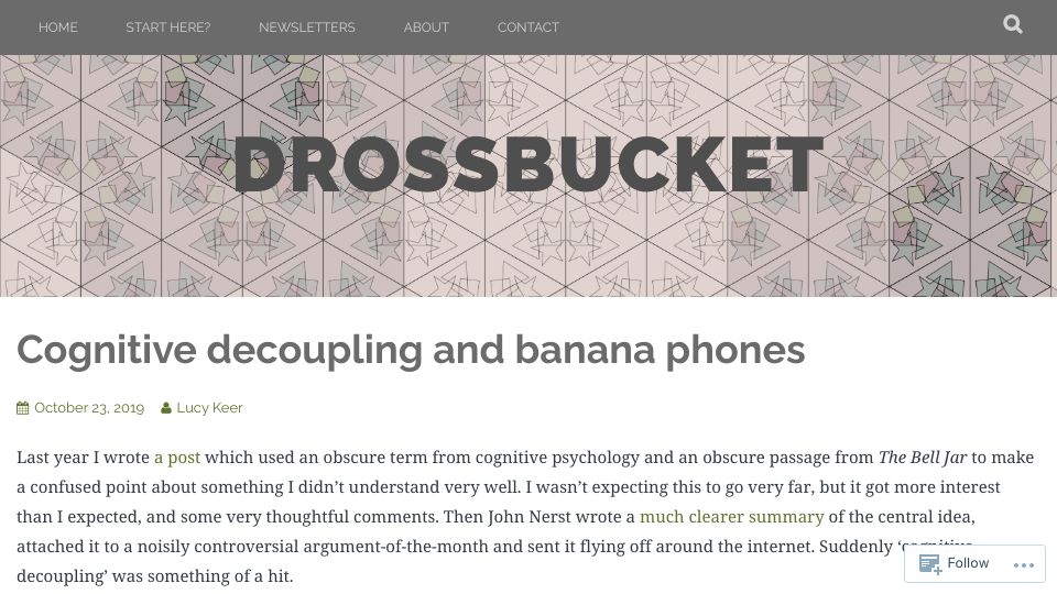 Screenshot of drossbucket.com: Cognitive decoupling and banana phones (2019)