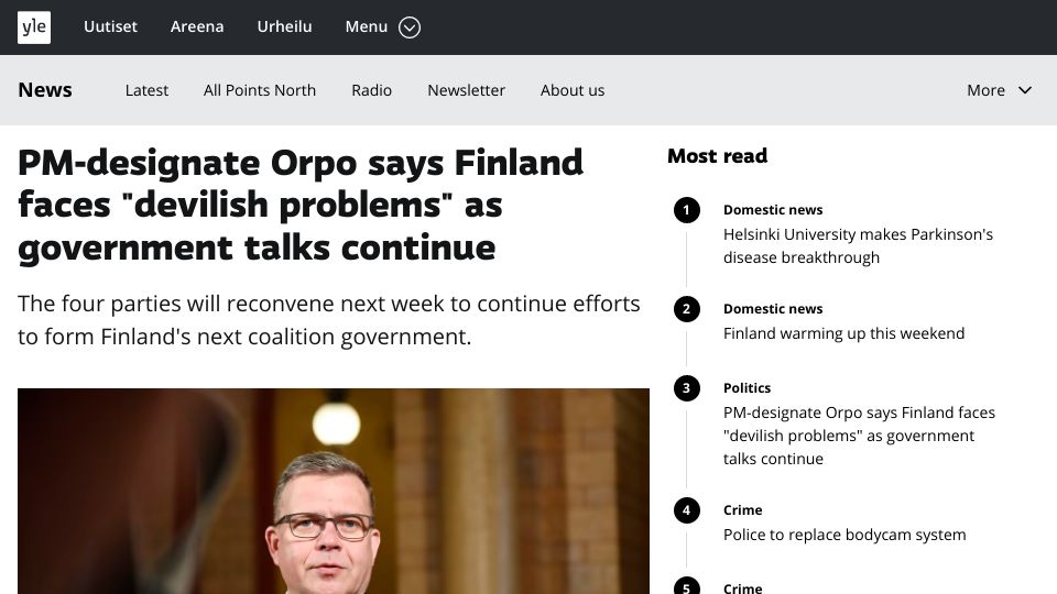 Screenshot of yle.fi: Desulfovibrio bacteria are probable causes of Parkinson's disease: study