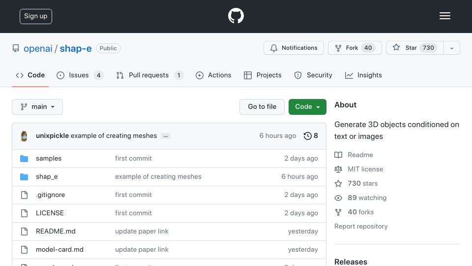 Screenshot of github.com: Shap-E: Generate 3D objects conditioned on text or images