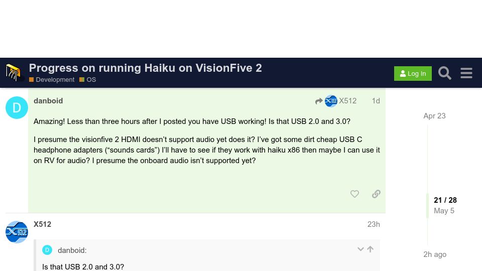 Screenshot of discuss.haiku-os.org: Progress on running Haiku OS on VisionFive 2 RISC-V dev board