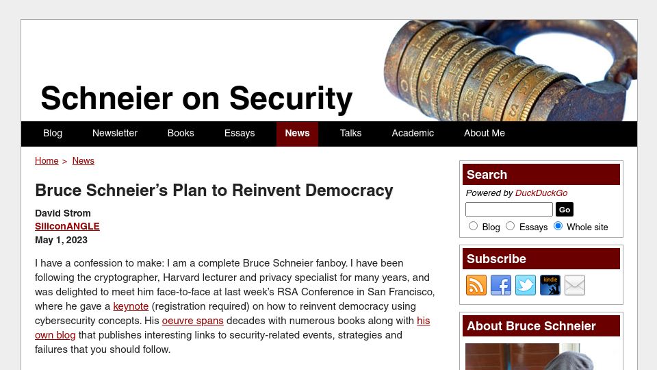 Screenshot of schneier.com: Bruce Schneier’s Plan to Reinvent Democracy