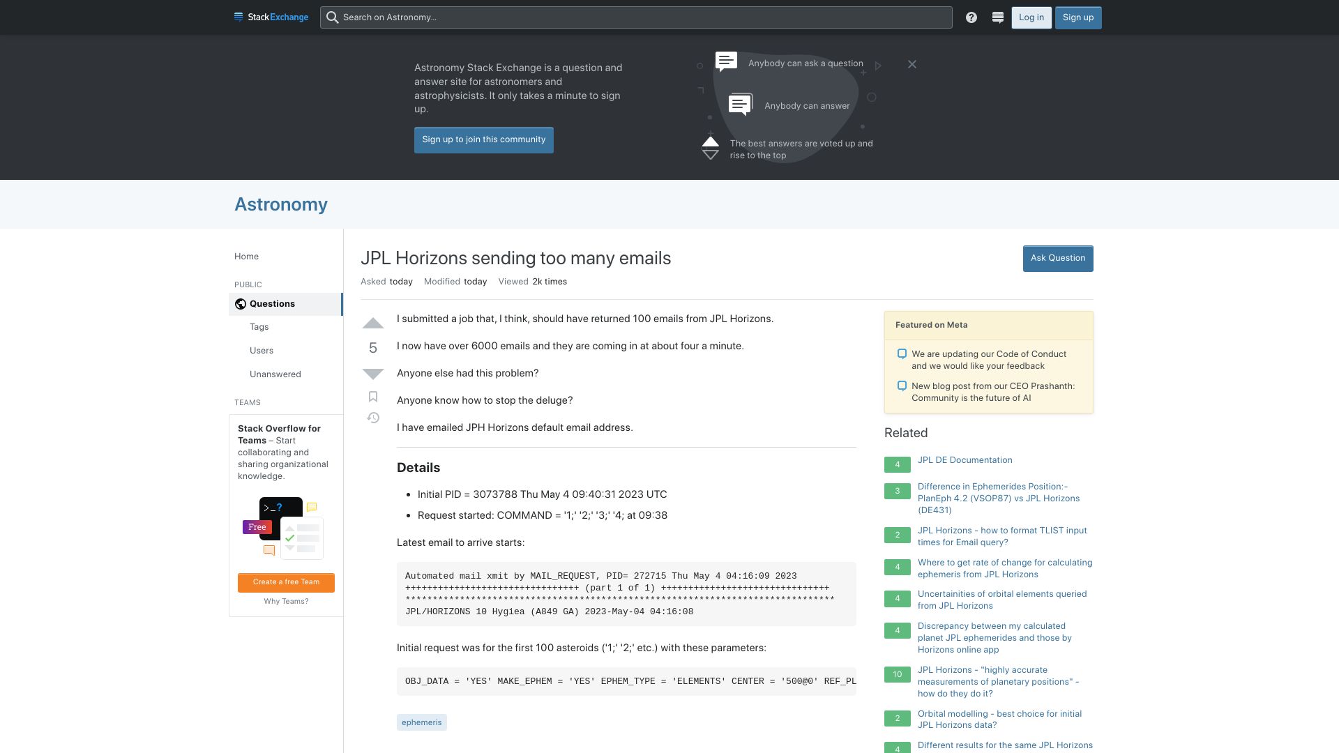 Screenshot of astronomy.stackexchange.com: JPL Horizons Sending Too Many Emails