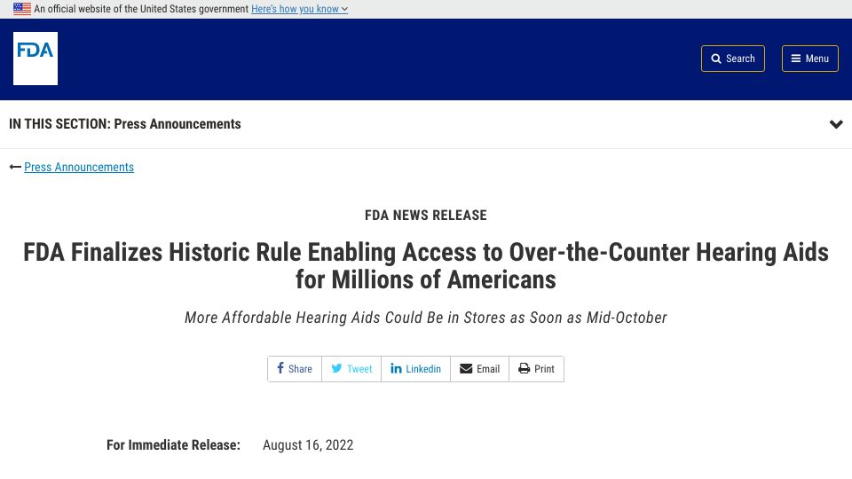 Screenshot of fda.gov: FDA Finalizes Rule to Deregulate Hearing Aids