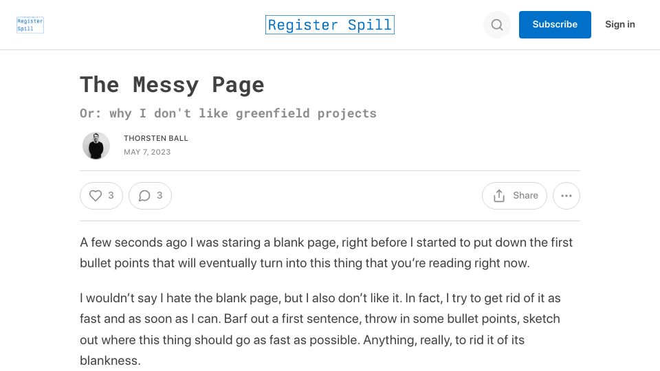 Screenshot of registerspill.thorstenball.com: The Messy Page Or: why I don't like greenfield projects
