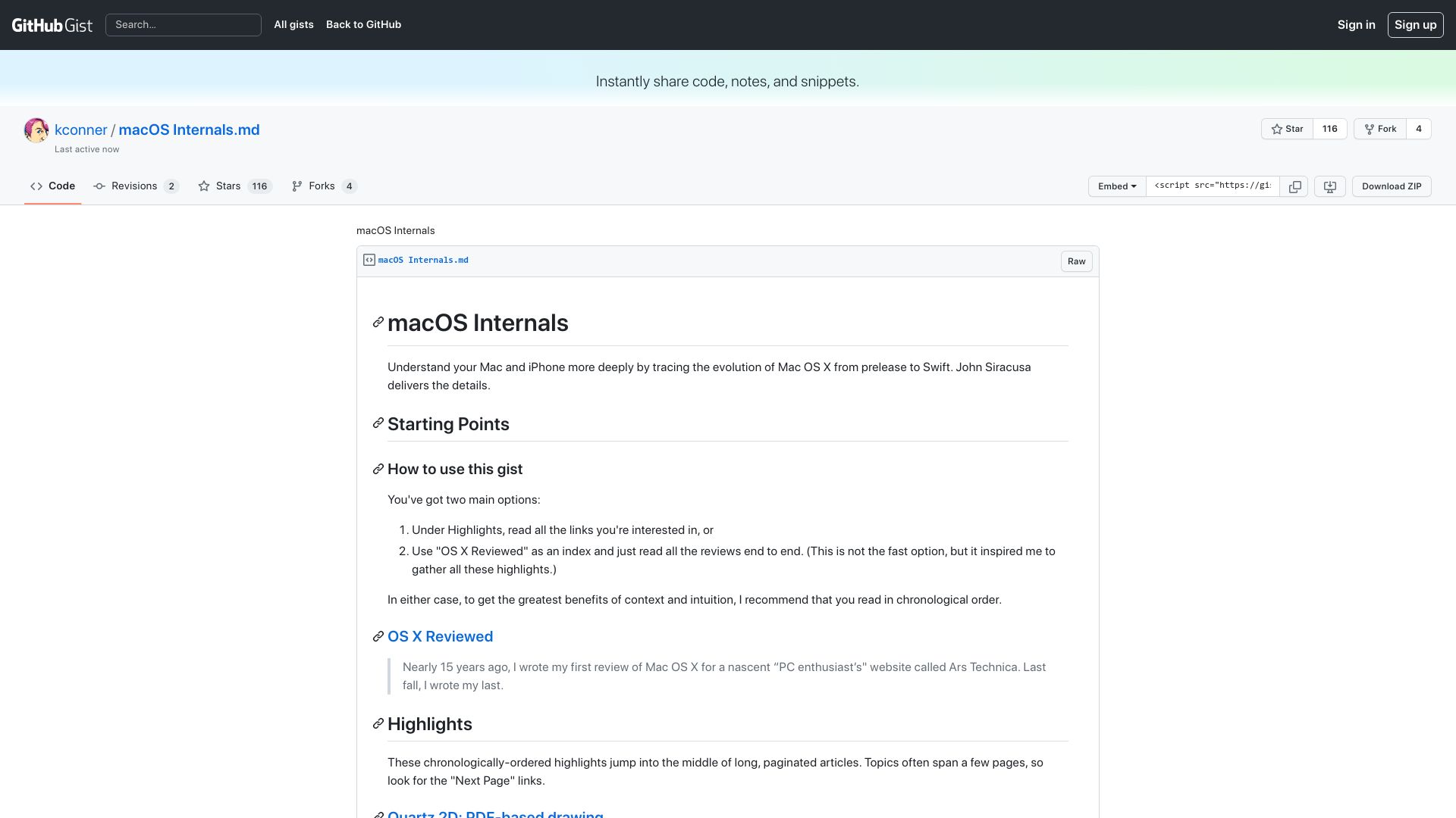 Screenshot of gist.github.com: macOS Internals