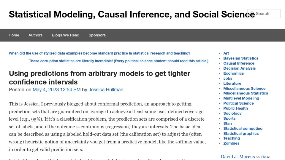 Screenshot of statmodeling.stat.columbia.edu: Using predictions from arbitrary models to get tighter confidence intervals