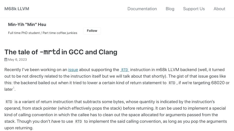 Screenshot of m680x0.github.io: The tale of "-mrtd" in GCC and Clang