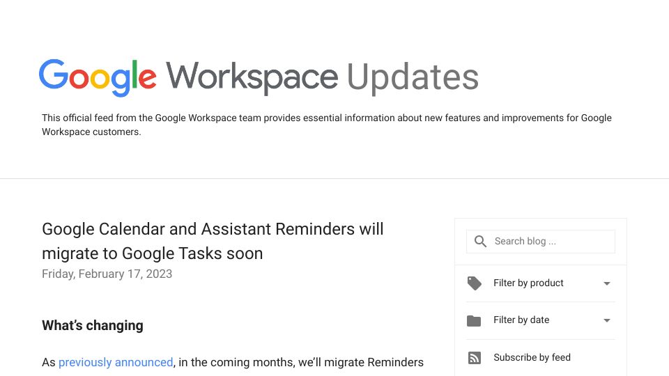 Screenshot of workspaceupdates.googleblog.com: Google Calendar and Assistant Reminders Will Migrate to Google Tasks Soon