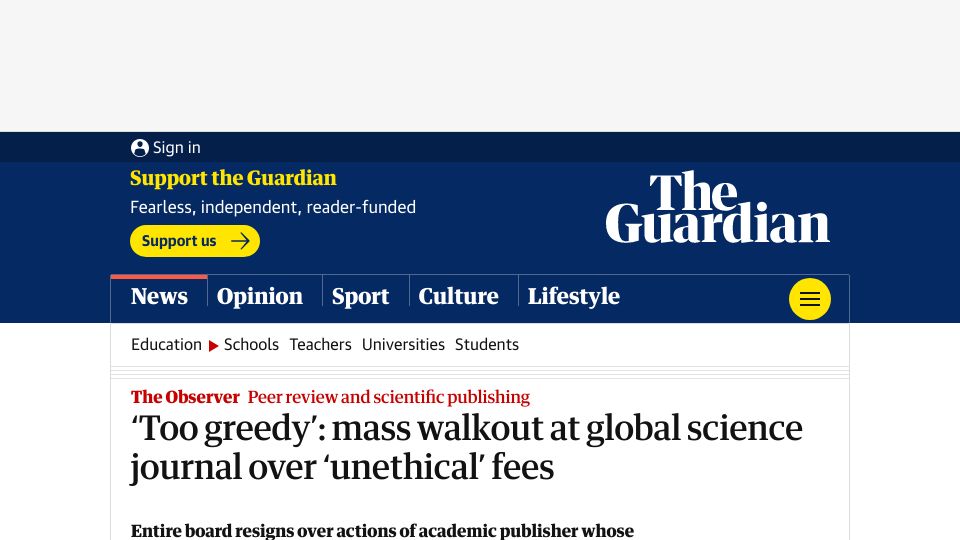 Screenshot of theguardian.com: Walkout at global science journal over ‘unethical’ fees