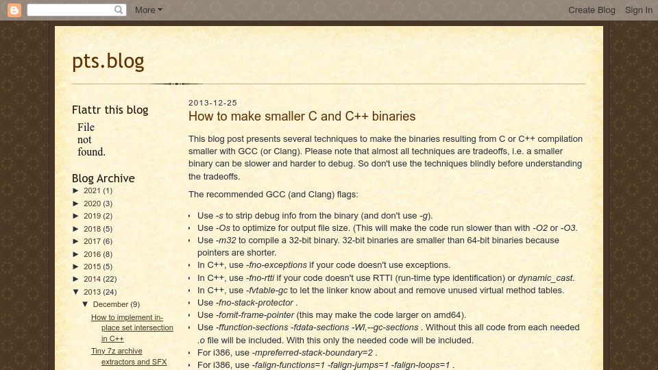 Screenshot of ptspts.blogspot.com: How to make smaller C and C++ binaries