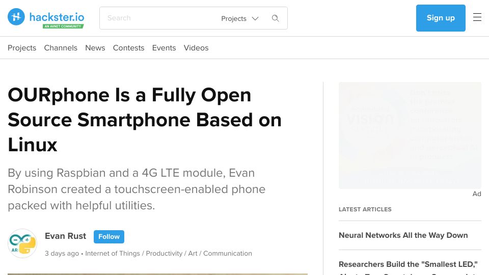 Screenshot of hackster.io: OURphone Is a Fully Open-Source Smartphone Based on Linux