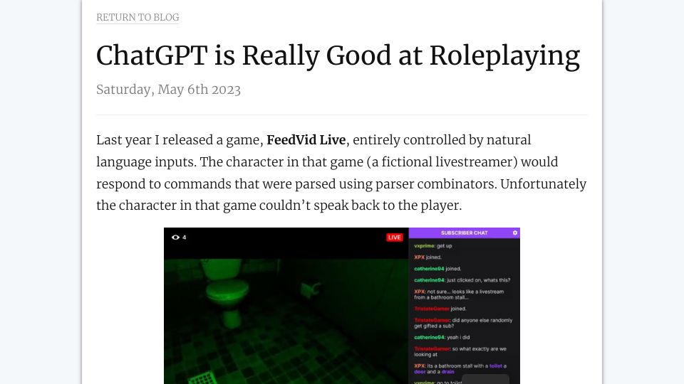 Screenshot of blog.varunramesh.net: ChatGPT is Really Good at Roleplaying
