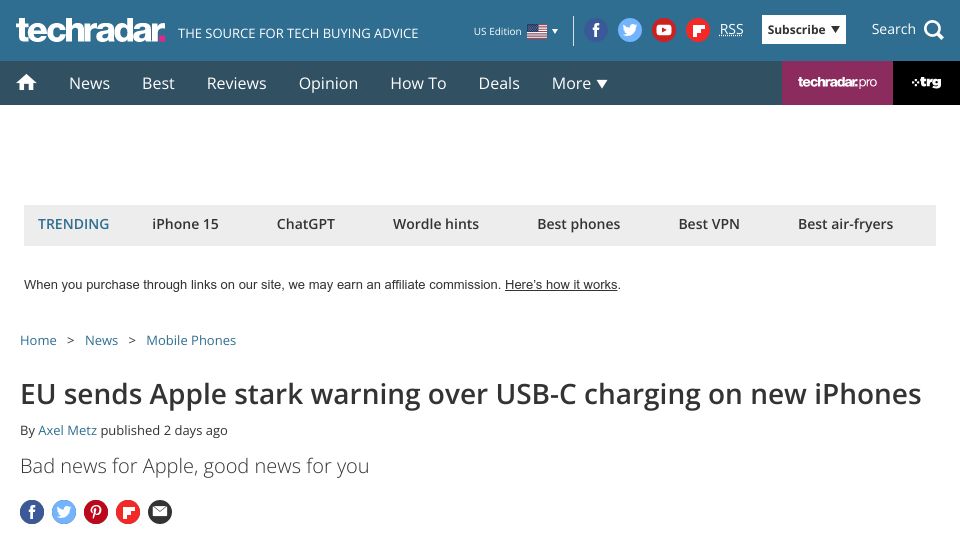 Screenshot of techradar.com: EU sends Apple stark warning over USB-C charging on new iPhones