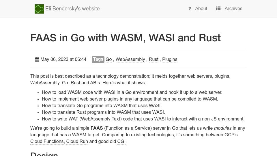 Screenshot of eli.thegreenplace.net: FaaS in Go with WASM, WASI and Rust