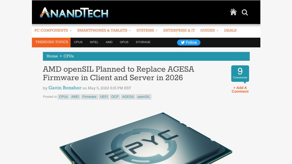 Screenshot of anandtech.com: AMD OpenSIL Planned to Replace Agesa Firmware in Client and Server in 2026