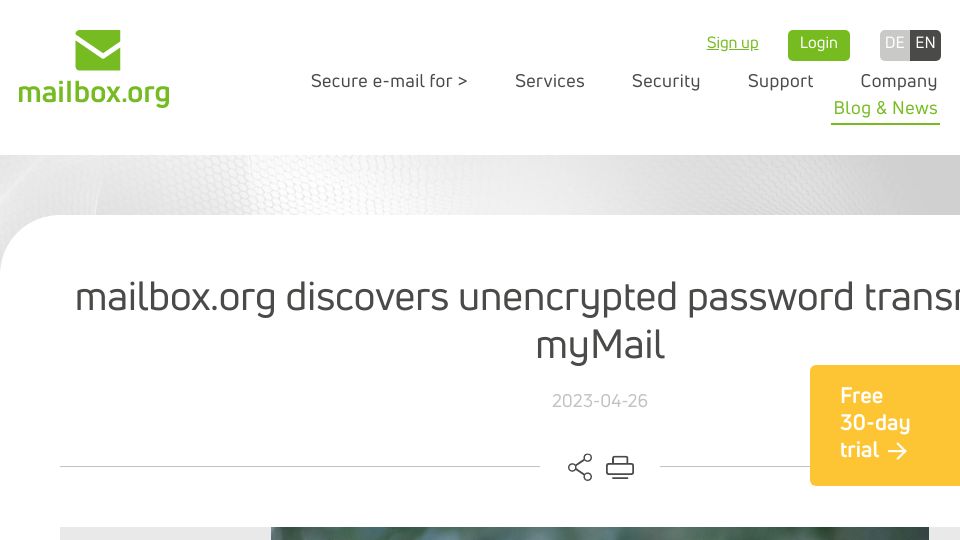 Screenshot of mailbox.org: Mailbox.org discovers unencrypted password transmission in myMail