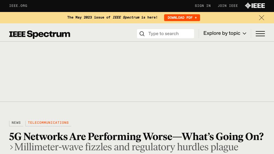 Screenshot of spectrum.ieee.org: 5G Rollout Disappointments