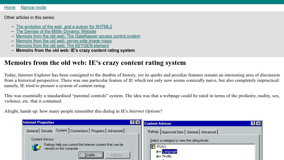 Screenshot of devever.net: Memoirs from the old web: IE's crazy content rating system