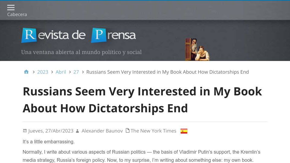 Screenshot of almendron.com: Russians Seem Interested in My Book About How Dictatorships End