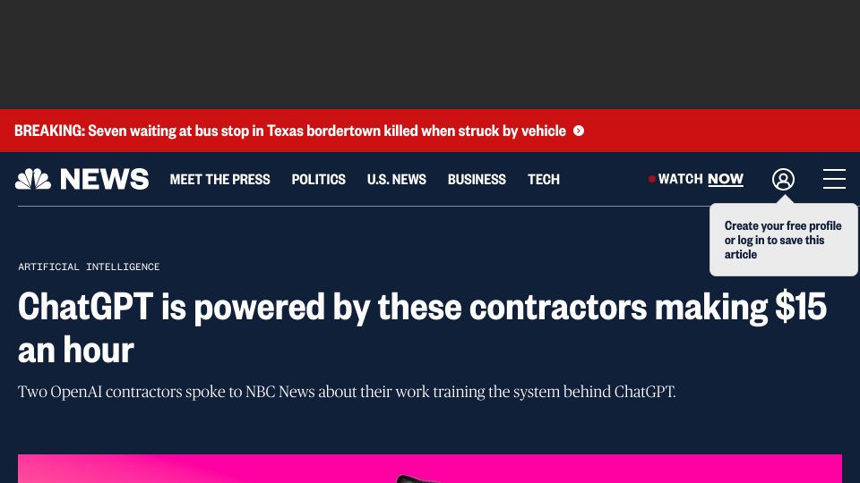 Screenshot of nbcnews.com: The AI revolution is powered by these contractors making $15 an hour
